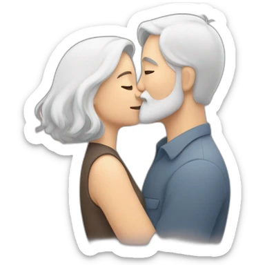 image of woman with dark brown hair kisses and hugs man with gray hair and white beard with floating hearts sticker