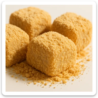 close-up of injeolmi rice cakes, roasted soybean powder, soft chewy texture, isolated on white, warm natural lighting sticker