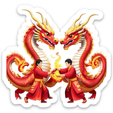 Cinematic Realistic scene of two performers guiding an elaborately designed dragon costume during a Dragon Dance, with vivid traditional patterns and dynamic motion, set under festive, red-tinged lighting sticker
