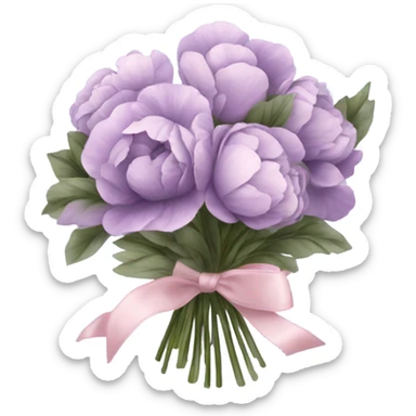 A bouquet of soft lavender pansies and blush pink peonies wrapped in silky violet ribbon sticker