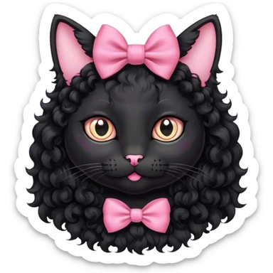 Black cat with black curly hair and a pink bow sticker