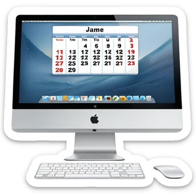 front view of an iMac with a day-calendar on the screen, vertical hours on the left, horizontal client slots, some slots visibly booked sticker