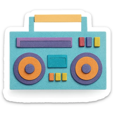 modern boombox with simple shapes and playful colors, paper-craft style sticker