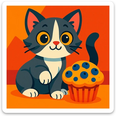 a playful grey and white kitten with a blueberry muffin, colorful illustration style, vibrant colors sticker