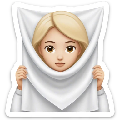 girl holding a square of white cloth in front of her by the two corners sticker