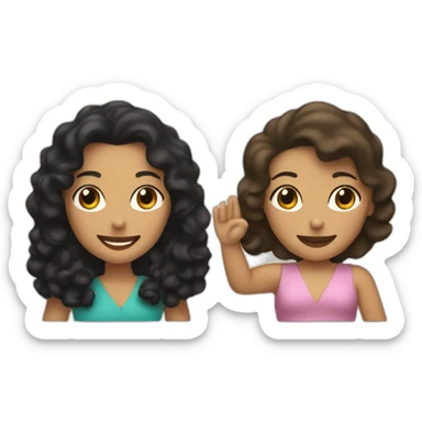 tan mid-sized woman with black curly hair shakes hands with a mid-sized pale woman who has straight brown hair sticker