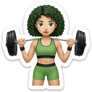 woman with olive skin and curly black hair wearing a green workout outfit (shorts) and lifting weights sticker