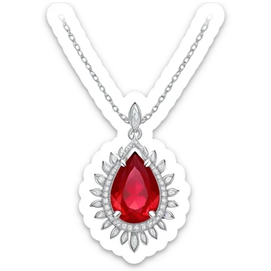 teardrop ruby pendant with fiery light, tiny phoenix feather emerging, haloed by shimmering white stones, and a silver chain sticker