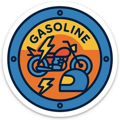 circular motorcycle gas cap design, transparent background, text 'GASOLINE', motif: lightning, motorcycle, helmet, dynamic style sticker