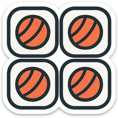 Change the four sushi rolls to salmon maki rolls with visible salmon filling instead of cucumber, keeping the clean, minimal, modern icon style with black outlines and color. No background. sticker