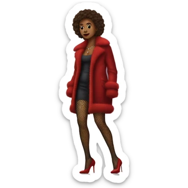 A woman near a street light, wearing fishnet tights, and red heels. She also has a fuzzy coat on. There is a car pulled up near her sticker