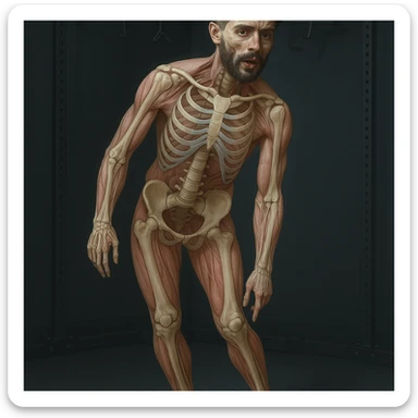 Hyperrealistic 4K anatomical view of a man in a similar position to the reference image. Knee valgus, tilted pelvis, pronated foot, bones and muscles in transparency, medical atmosphere. Variant 4 with slightly changed torso rotation. sticker