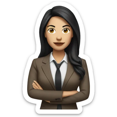 Female defense attorney with long black hair with brown suit sticker