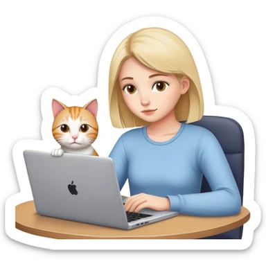 A girl is working hard on a laptop with a cat next to it sticker