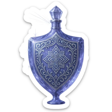 išskirtinai prabangus eliksyro buteliukas, skydo forma, spalva #7986cb, daugiasluoksniai holografiniai ir sidabriniai ornamentai, kristalo tekstūra, daug magiškų švytėjimų ir žėrėjimo, šviesos spinduliai, labai mažas kaklelis, dailus vientisas dugnas, skaidrus fonas, buteliukas plūduriuoja ore, be pagrindo ar šešėlio, modernus, kolekcijai tinkamas, ypatingai gražus sticker