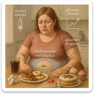 realistic surreal symbolism; woman about 38 years old, slightly overweight, sitting tired at a kitchen table with sugary foods in front; frustrated expression; faint blue halo around abdomen (metabolic dysfunction); transparent icons around body: high insulin, rising blood sugar (graph with upward arrows), fat accumulation on belly and hips; all writings and symbols in Italian sticker