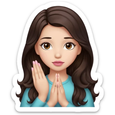 girl with wavy long glamorous dark brown hair, brown eyes, light to medium complexion, long lashes, light pink lipstick, praying sticker