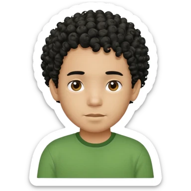 Curly, dominican boy, Phototype II, black hair, with green shirt sticker