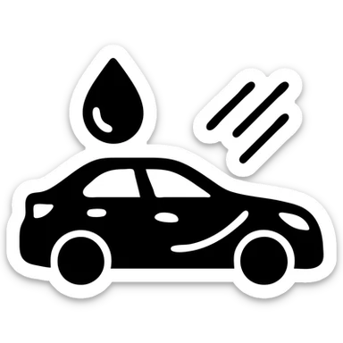 solid icon of a full luxury vehicle with glossy black mirror paint, strong shine and reflections, water droplet sliding on the surface, minimal repellent effect with lines, elegant and minimal sticker