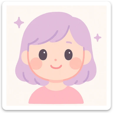 a girl with a cute peachy face, big sparkling eyes, blushing cheeks, playful expression, lavender hair, minimal background sticker