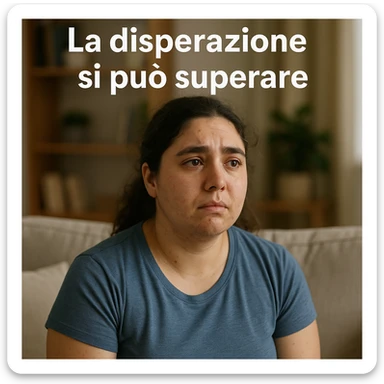 woman with PCOS sitting on sofa, lost gaze, tears in eyes, home environment, Italian text: 'La disperazione si può superare', 4K quality sticker