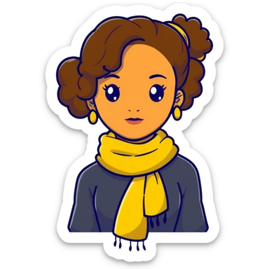 boho girl with brown skin, long curly brown hair tied high, lemon yellow scarf, round earrings sticker