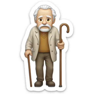 Old man leaning on a walking cane holding his back with his hand grumpy face, detailed sticker