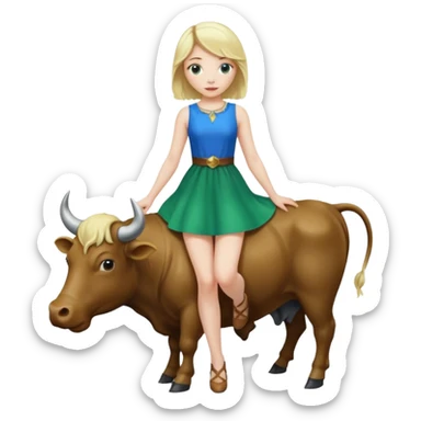 Blonde girl in standing on a bull with a blue and green dress on sticker
