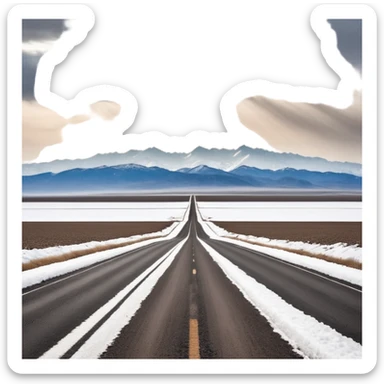 A long STRAIGHT dirt road that disappears into the horizon half way up the screen from the perspective of someone sitting in the middle of the road looking down it. Flat snow fields on both sides of the road with huge looming mountains above the roads horizon line.  sticker