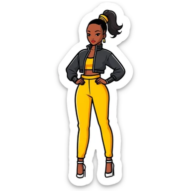 Glamorous African fashion model with tight high ponytail, catwalk pose, trendy designer outfit sticker