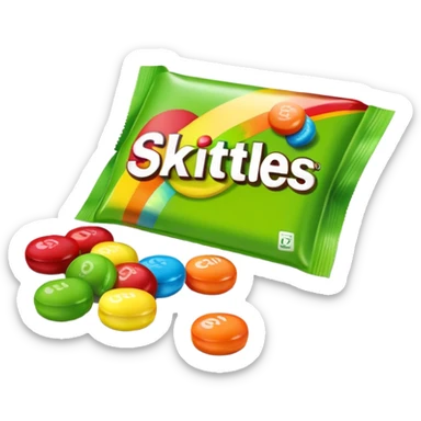 Minimalist flat design of a Skittles package. Rainbow colored simple rectangular package with just a few green round candies. Clean lines and minimal details. sticker