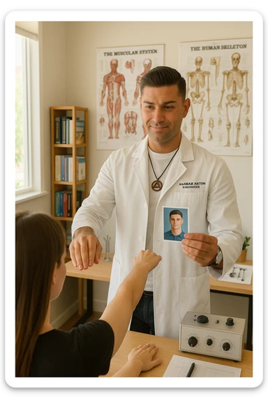 a middle-aged man, dressed in casual professional attire, is in a bright, organized therapy studio. Durante una visita di kinesiologia, il ragazzo tiene con una mano la foto di una persona lontana (il “testimone”) tiene la foto in mano, mentre con l’altra mano esegue un test muscolare su un cliente presente senza foto. Sullo sfondo si vedono libri di kinesiologia, poster anatomici e strumenti tipici della disciplina. L’atmosfera è concentrata e serena, con luce naturale che entra dalla finestra, sottolineando l’aspetto alternativo e umano della pratica. sticker