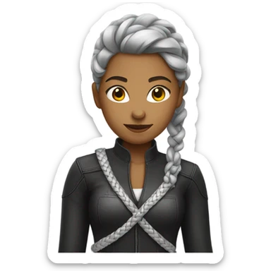 Young woman with silver braid wearing a leather shirt sticker