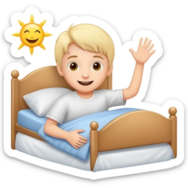 a child happily getting out of bed in the morning, bright and friendly sticker