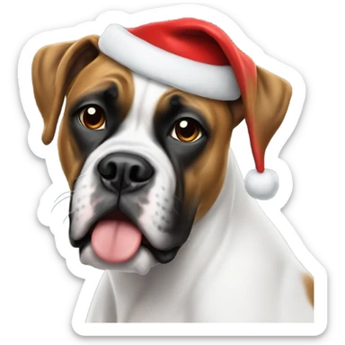 White Boxer dog wearing Santa hat sticker