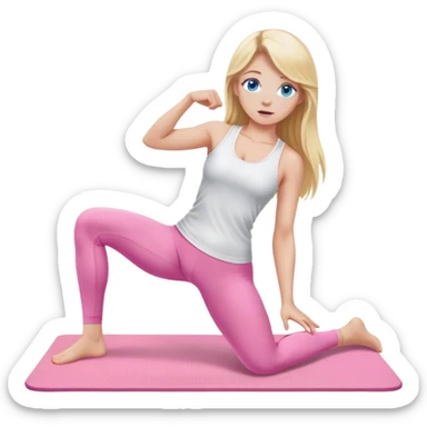 A cinematically realistic blonde with long hair and blue eyes, dressed in a white top and pink leggings, performs a realistic athletic exercise on a mat. sticker