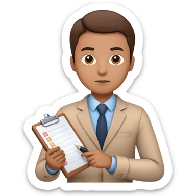 A person holding a checklist and pen is wearing smart casual clothing. The character is in a focused pose sticker