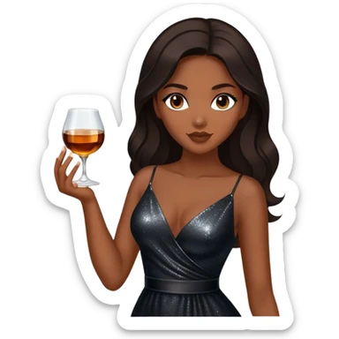 Beautiful woman in 1950’s woman fashion look, black shimmery dress, long dark brown hair, whisky with ice sticker