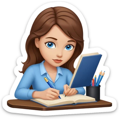 brown-haired, blue-eyed female writer writing a romance novel sticker