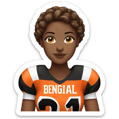 White women with brown hair wearing a Cincinnati bengals jersey sticker