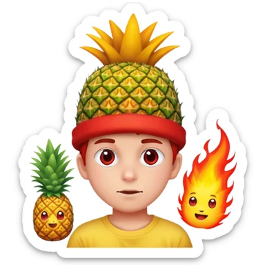 a boy with heart eyes a red face and a pineapple hat with fire emojis sticker