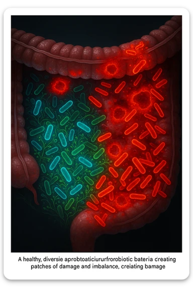 Scientific visualization of a man's intestinal lining. A healthy, diverse garden of glowing blue and green probiotic bacteria is being overtaken and outnumbered by aggressive, inflammatory red and orange pathogenic bacteria, creating patches of damage and imbalance. Dark, clinical background. sticker