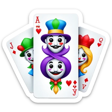 bunch of 3 poker cards, with crazy colorful jolly jokers inside, inversed face sticker