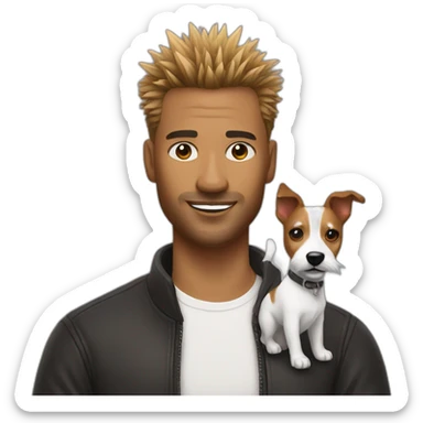 Man with spiky hair with jack russell terrier sticker