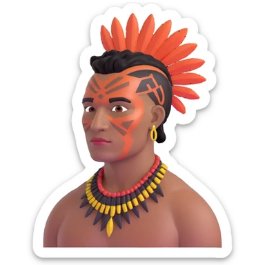 indigenous man with black mohawk hairstyle and reddish-copper skin tone, with Dois Irmãos Mountain (Two Brothers Mountain) of Rio de Janeiro in the background sticker