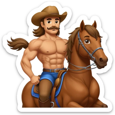 super jacked guy with a mustache and long hair and chest hair riding a horse sticker