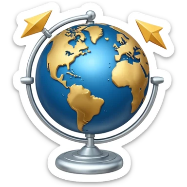 “Icon: Earth globe, circular arrows around it, a dollar coin at the top right, simple composition, single object, transparent background sticker