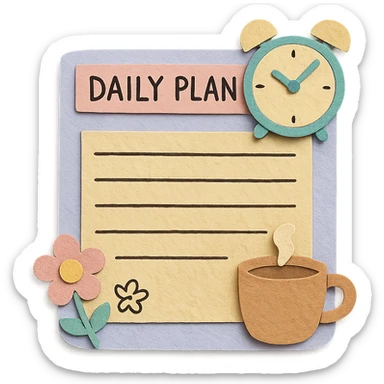 soft pastel daily planner page with coffee cup, cute clock, and flower doodles, hand-drawn style sticker
