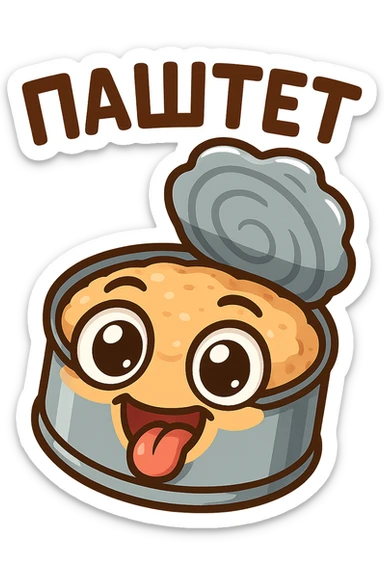 Funny chibi open pâté tin can, lid flipped open, creamy pâté visible, goofy smiling face, exaggerated big eyes, playful cartoon emoji style, thick outline, bright colors, Twitch chat emote, text "ПАСТЕТ" in Cyrillic abovee sticker