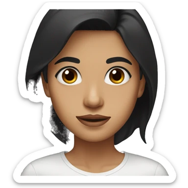 woman with big brown eyes, black hair with a white streak, black shirt sticker